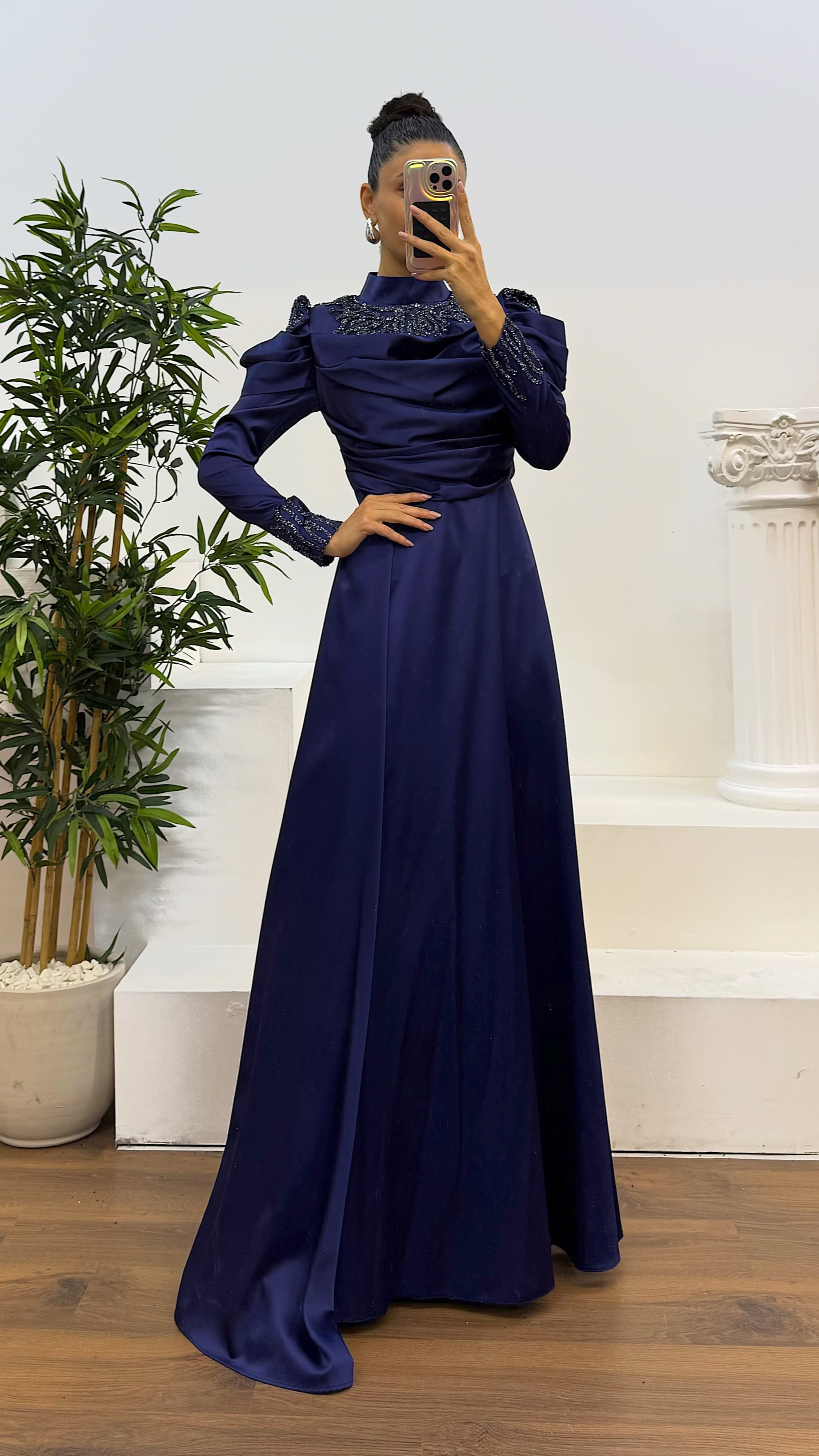 navy blue dress with hijab Navy Blue Drape Detailed Satin Hijab Evening Dress