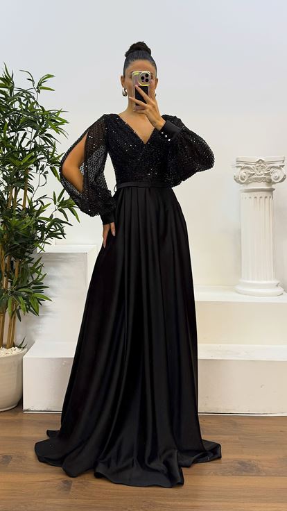 Black Balloon Sleeve Bust Sequin Design Satin Evening Dress