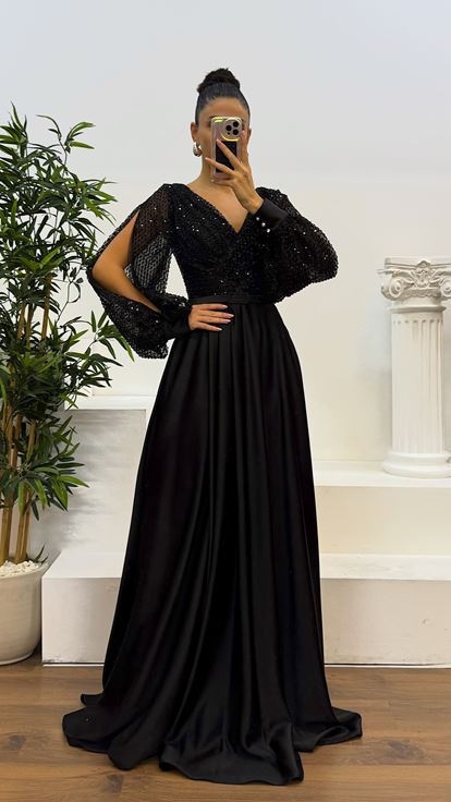 Black Balloon Sleeve Bust Sequin Design Satin Evening Dress