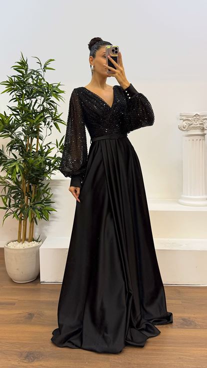 Black Balloon Sleeve Bust Sequin Design Satin Evening Dress