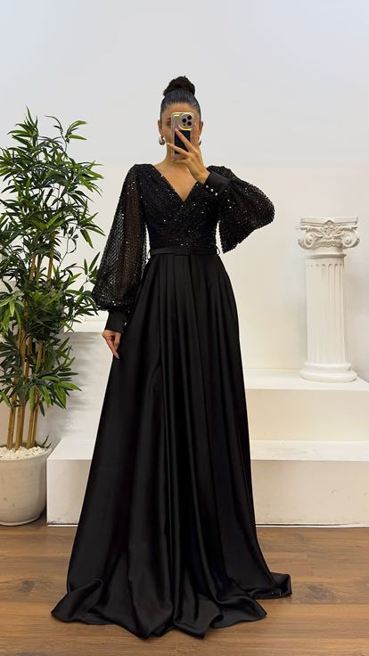 Black Balloon Sleeve Bust Sequin Design Satin Evening Dress