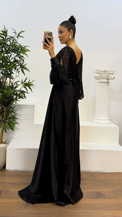 Black Balloon Sleeve Bust Sequin Design Satin Evening Dress