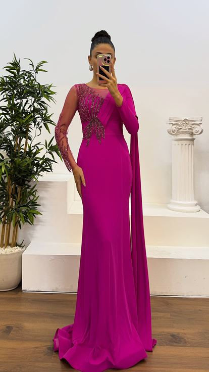 Fusya Asymmetrical Detail Embroidered Design Evening Dress on the Chest