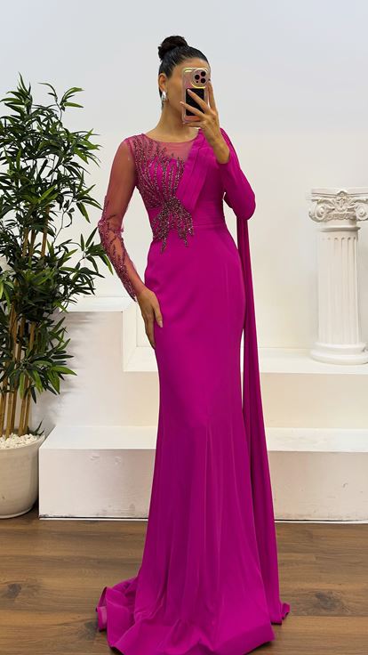 Fusya Asymmetrical Detail Embroidered Design Evening Dress on the Chest