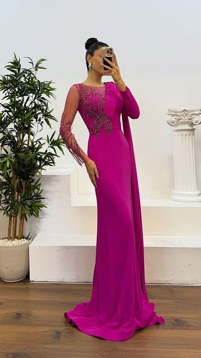 Fusya Asymmetrical Detail Embroidered Design Evening Dress on the Chest