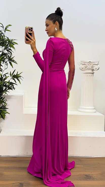 Fusya Asymmetrical Detail Embroidered Design Evening Dress on the Chest