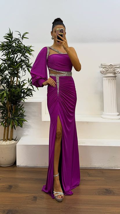 Fusya Single Sleeve Transparent Stone Design Evening Dress