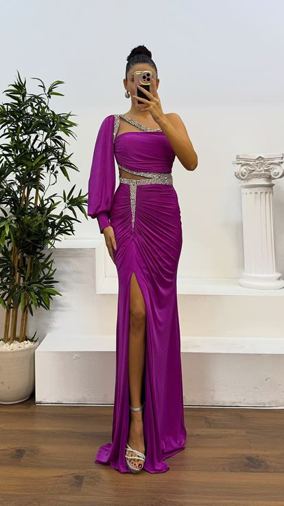 Fusya Single Sleeve Transparent Stone Design Evening Dress