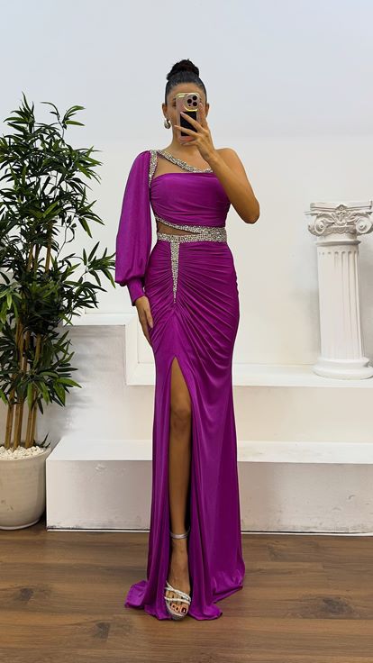 Fusya Single Sleeve Transparent Stone Design Evening Dress
