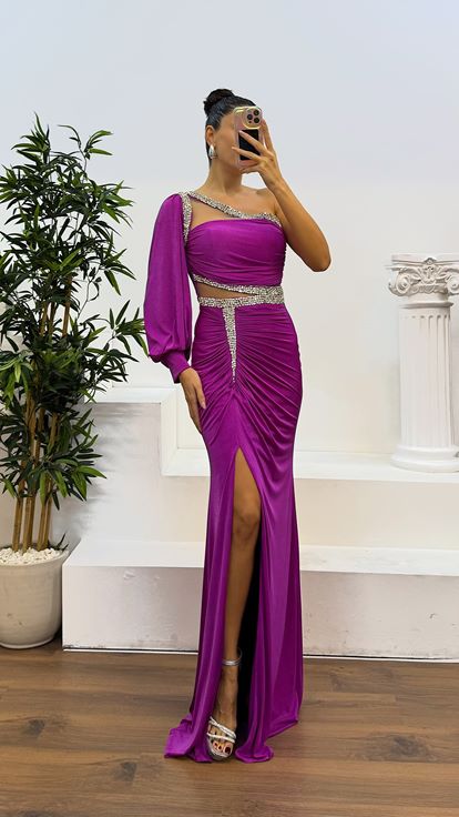 Fusya Single Sleeve Transparent Stone Design Evening Dress