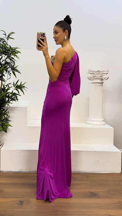 Fusya Single Sleeve Transparent Stone Design Evening Dress