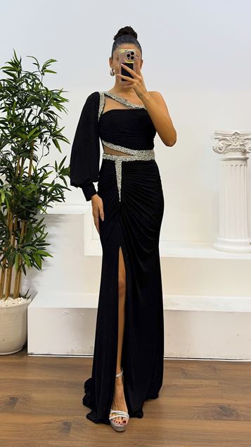Black Single Sleeve Transparent Stone Design Evening Dress