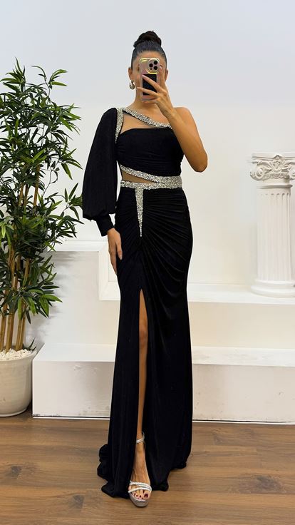 Black Single Sleeve Transparent Stone Design Evening Dress