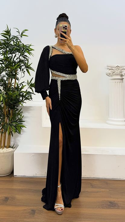 Black Single Sleeve Transparent Stone Design Evening Dress