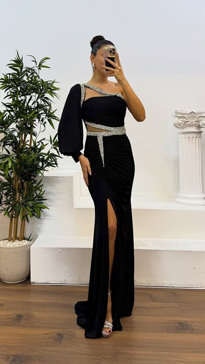 Black Single Sleeve Transparent Stone Design Evening Dress