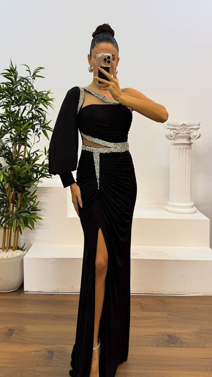 Black Single Sleeve Transparent Stone Design Evening Dress