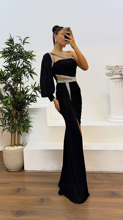 Black Single Sleeve Transparent Stone Design Evening Dress