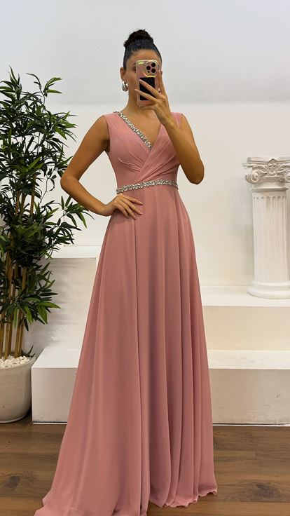 Powder Waist and Chest Stone Design Evening Dress