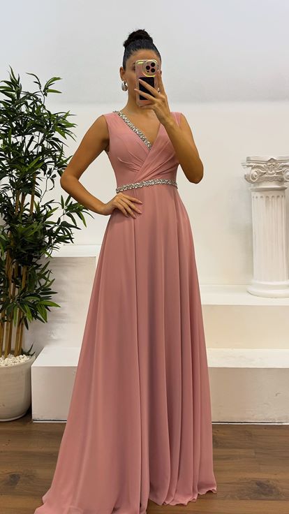 Powder Waist and Chest Stone Design Evening Dress