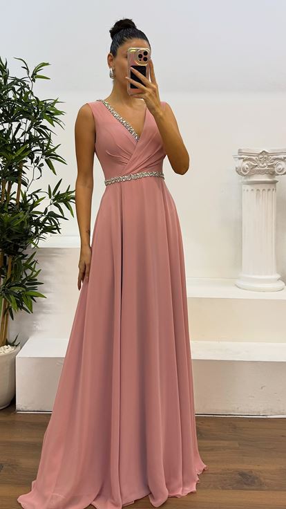 Powder Waist and Chest Stone Design Evening Dress