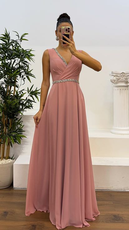 Powder Waist and Chest Stone Design Evening Dress