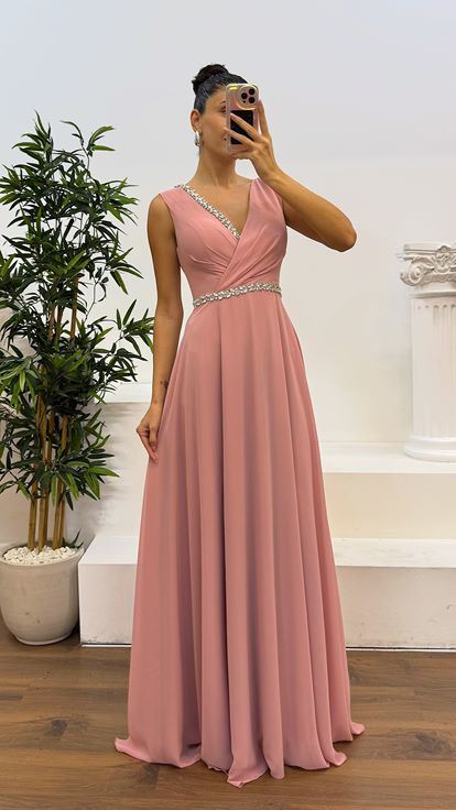 Powder Waist and Chest Stone Design Evening Dress