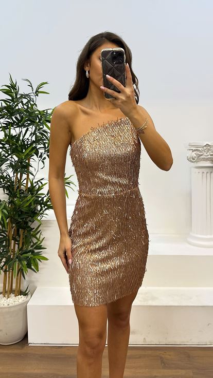 Trägerloses, kurzes Abendkleid in Bronze