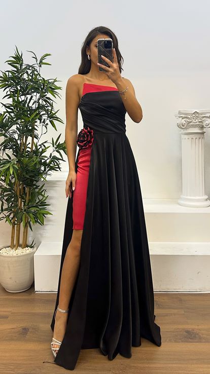 Red Strapless Drape Detail Satin Evening Dress