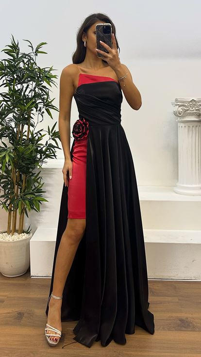 Red Strapless Drape Detail Satin Evening Dress