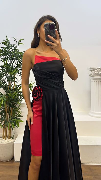 Red Strapless Drape Detail Satin Evening Dress