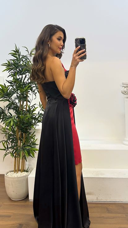 Red Strapless Drape Detail Satin Evening Dress