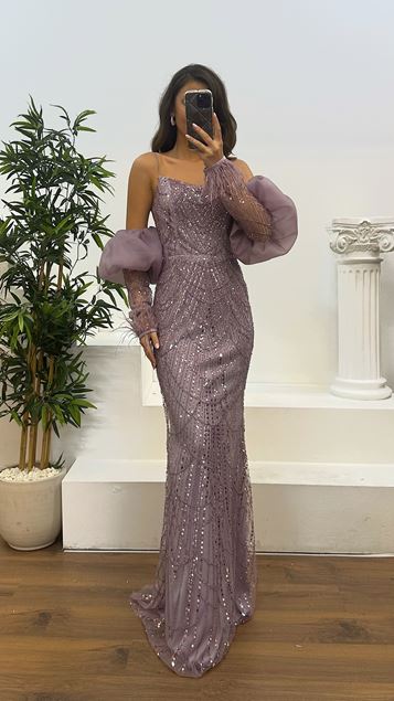 Lavender Embroidered Balloon Sleeve Detail Evening Gown Designer Dress