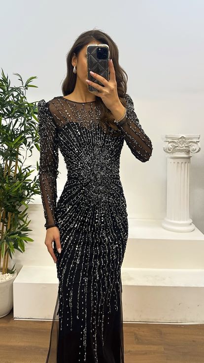 Black Long Sleeve Embroidered Evening Design Dress