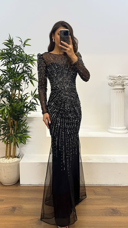 Black Long Sleeve Embroidered Evening Design Dress
