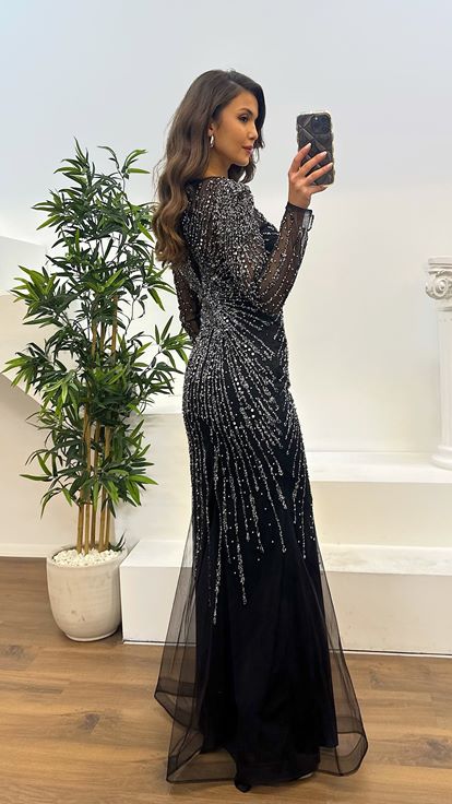 Black Long Sleeve Embroidered Evening Design Dress