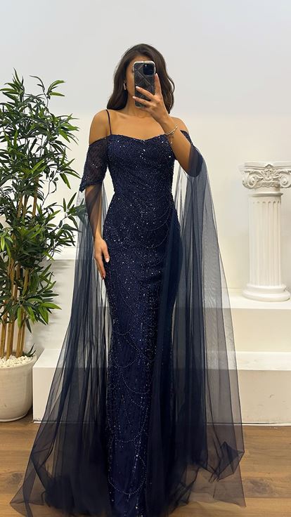 Navy Blue Embroidered Sleeves Tulle Detail Evening Design Dress