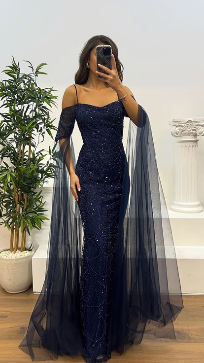 Navy Blue Embroidered Sleeves Tulle Detail Evening Design Dress