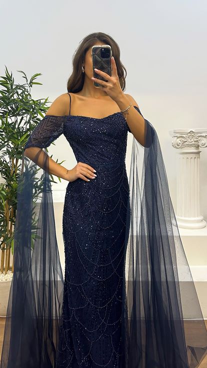 Navy Blue Embroidered Sleeves Tulle Detail Evening Design Dress