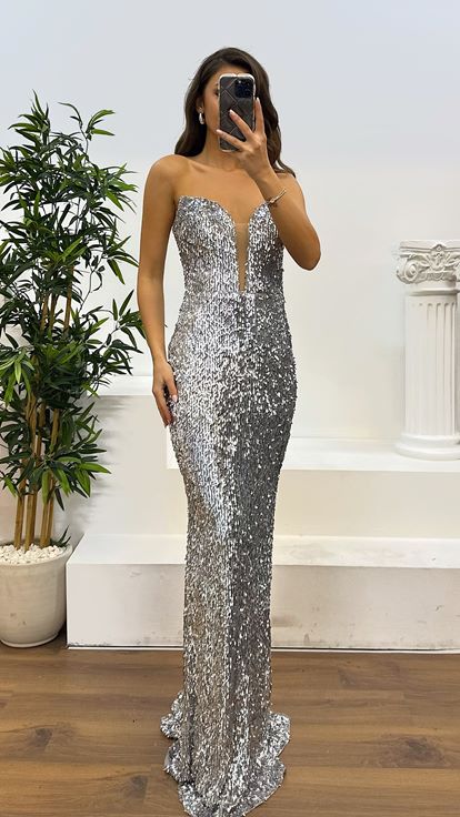 Grey Heart Neck Strapless Designer Evening Dress