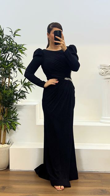 Black Waist Stone Detail Padded Design Plus Size Evening Dress