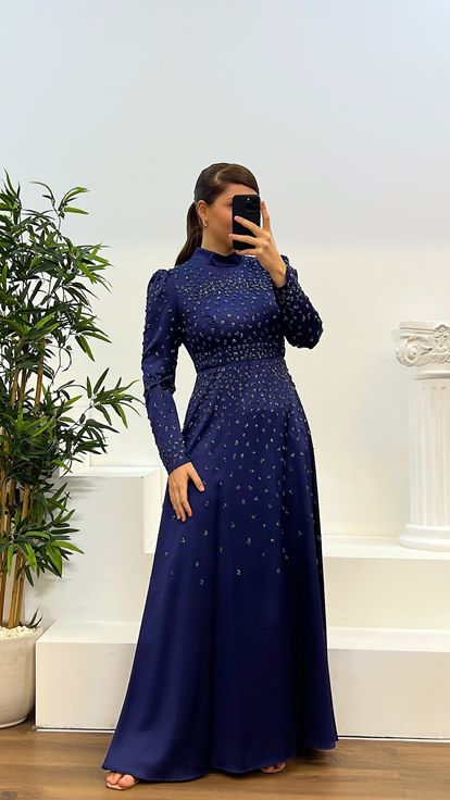 Vestido de noche de talla grande Hijab de satén bordado azul marino