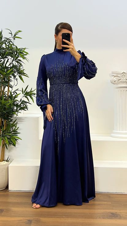 Navy Blue Balloon Sleeve Embroidered Plus Size Hijab Evening Dress