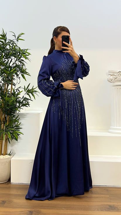 Navy Blue Balloon Sleeve Embroidered Plus Size Hijab Evening Dress