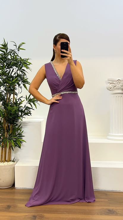 Lavender Waist and Chest Stone Design Plus Size Evening Dress