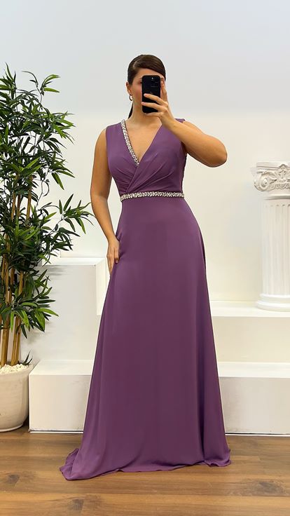Lavender Waist and Chest Stone Design Plus Size Evening Dress