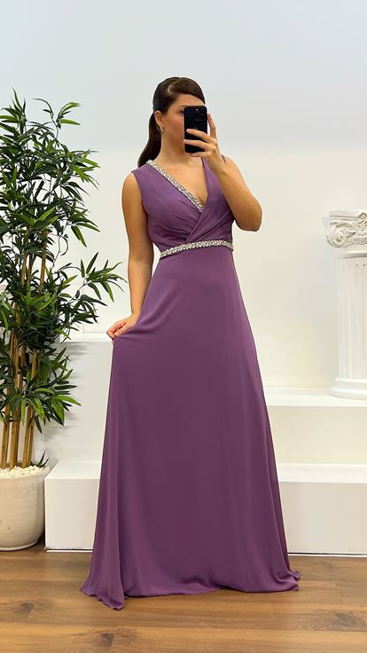Lavender Waist and Chest Stone Design Plus Size Evening Dress