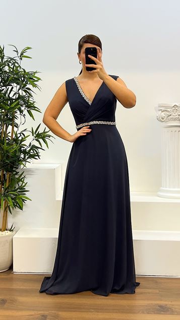 Anthracite Design Plus Size Evening Dress with Stones on the Waist and Chest