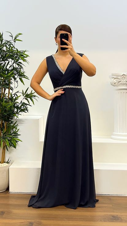 Anthracite Design Plus Size Evening Dress with Stones on the Waist and Chest