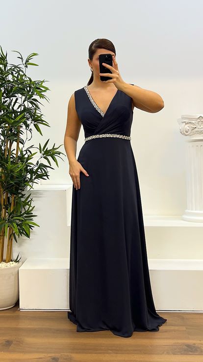 Anthracite Design Plus Size Evening Dress with Stones on the Waist and Chest