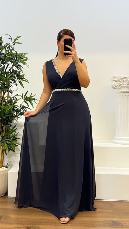 Anthracite Design Plus Size Evening Dress with Stones on the Waist and Chest